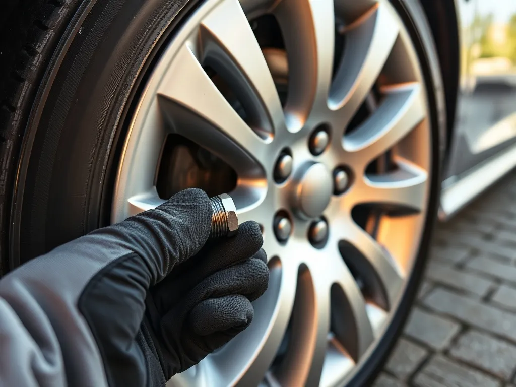 Mechanik w rękawicy przykłada błyszczącą śrubę do felgi aluminiowej, ilustrując dobór odpowiednich śrub do alufelg.