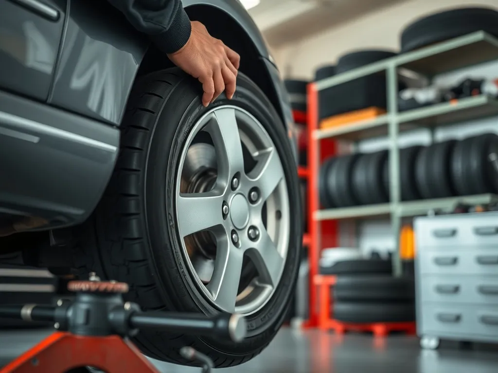 Mechanik zmienia oponę w zadbanym warsztacie wulkanizacyjnym, wokół uporządkowane narzędzia i regały z oponami