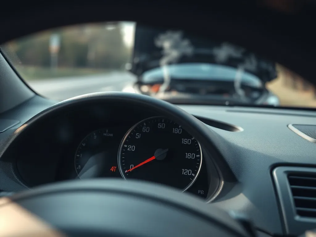 Wskaźnik temperatury na desce rozdzielczej pokazuje przegrzanie silnika, w tle otwarta maska i unosząca się para.