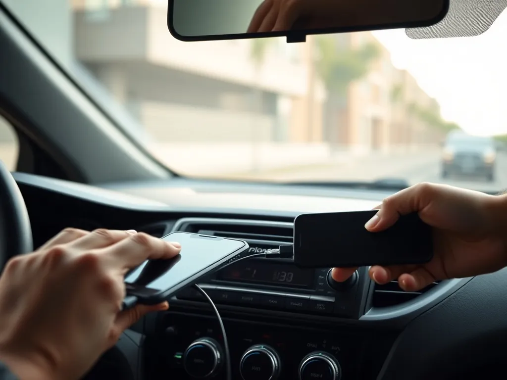 Dłoń podłącza smartfon kablem USB do radia samochodowego Pioneer na desce rozdzielczej, przygotowanie do odtwarzania muzyki.