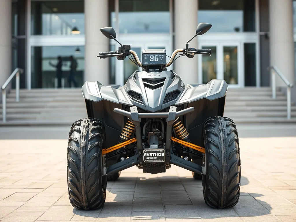 Quad ATV zaparkowany przed nowoczesnym urzędem, podkreślający temat rejestracji quada bez homologacji.