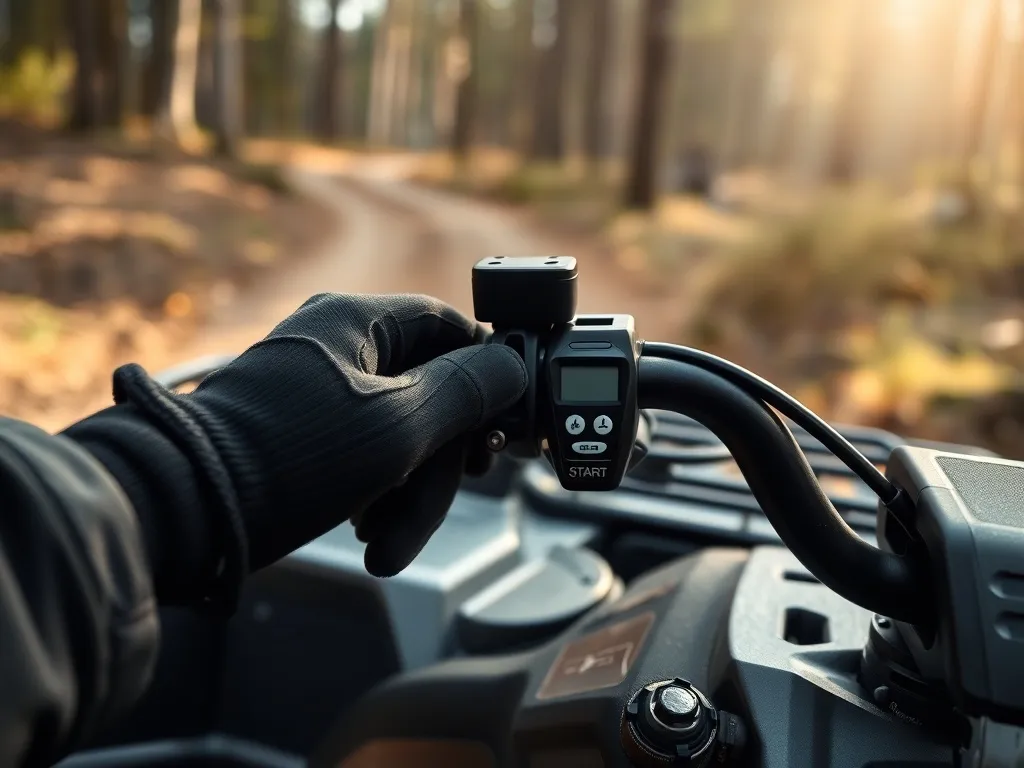 Ręce w rękawicach przekręcają kluczyk i wciskają starter quada na polnej drodze, w tle leśna ścieżka i kurz.