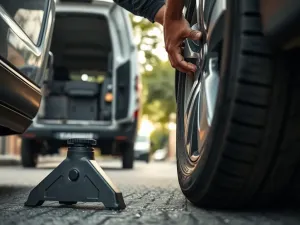 Stylowy damski kask na quada w matowych kolorach na drewnianym podłożu, w tle rozmazany quad w leśnej scenerii