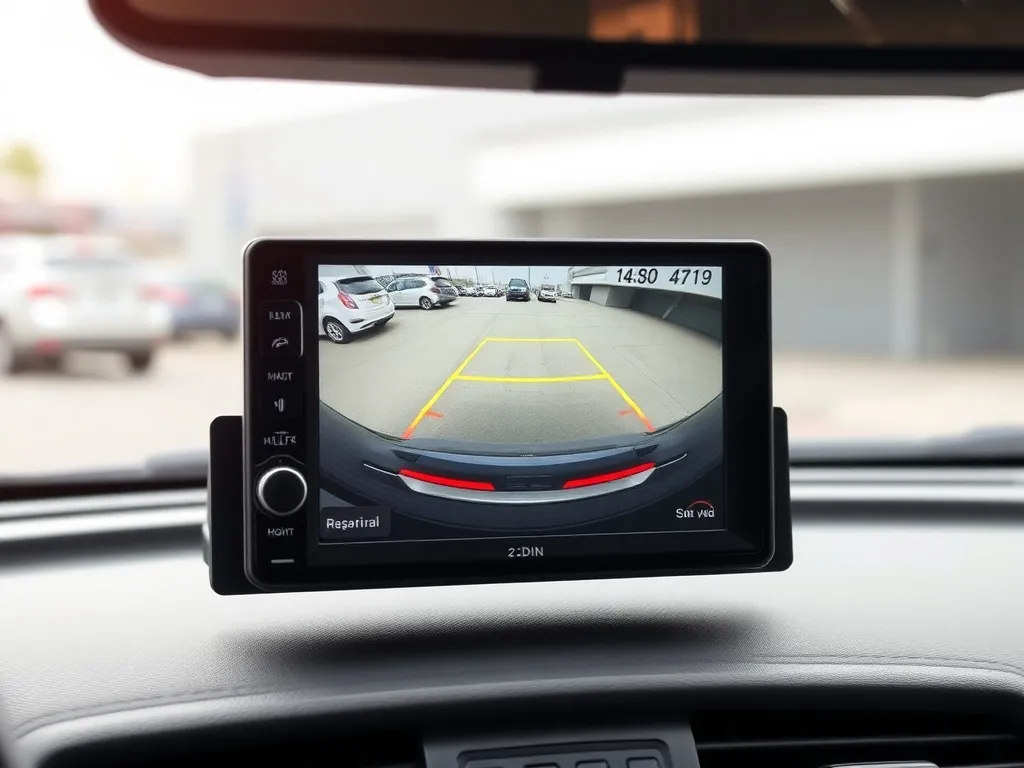 Nowoczesne radio 2DIN wyświetlające obraz z kamery cofania z liniami pomocniczymi podczas parkowania samochodu.