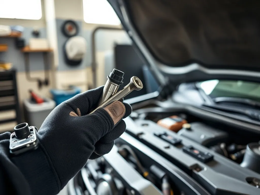Mechanik w rękawicach trzyma nową sondę lambda przy kolektorze wydechowym samochodu w warsztacie samochodowym.