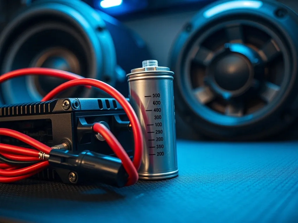 Wzmacniacz car audio 1000 W podłączony grubymi przewodami do dużego kondensatora mocy w podświetlonej na niebiesko instalacji.