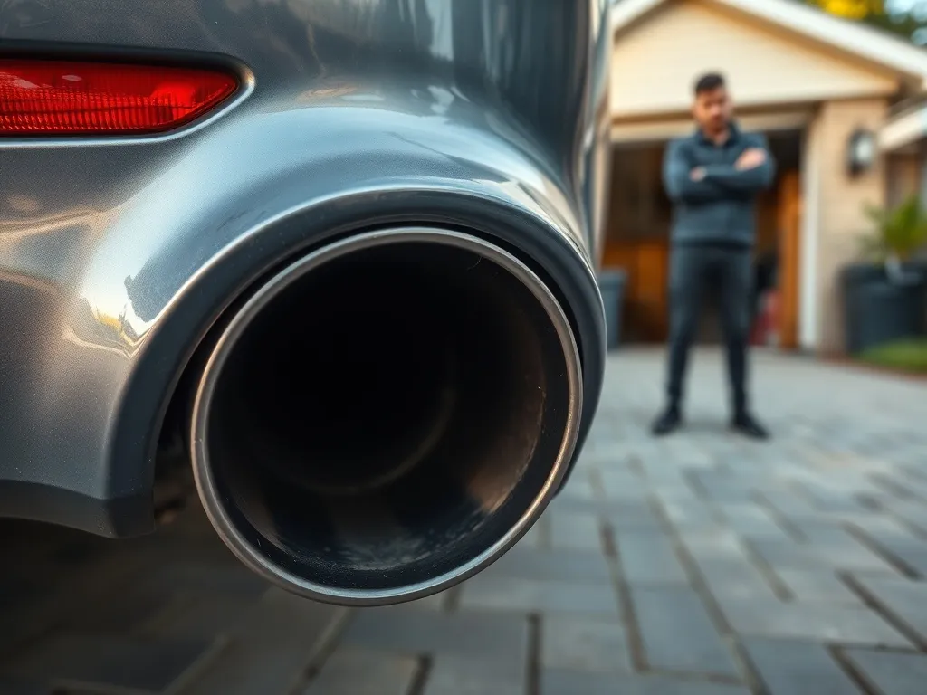 Zaniepokojony właściciel przy aucie, zbliżenie na rurę wydechową, nawiązanie do problemu z wyciętym filtrem DPF.