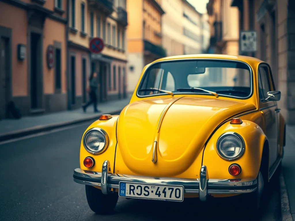 Zabytkowy żółty samochód na wąskiej brukowanej ulicy starego miasta, podkreślający zasady ruchu i obowiązki jego właściciela.