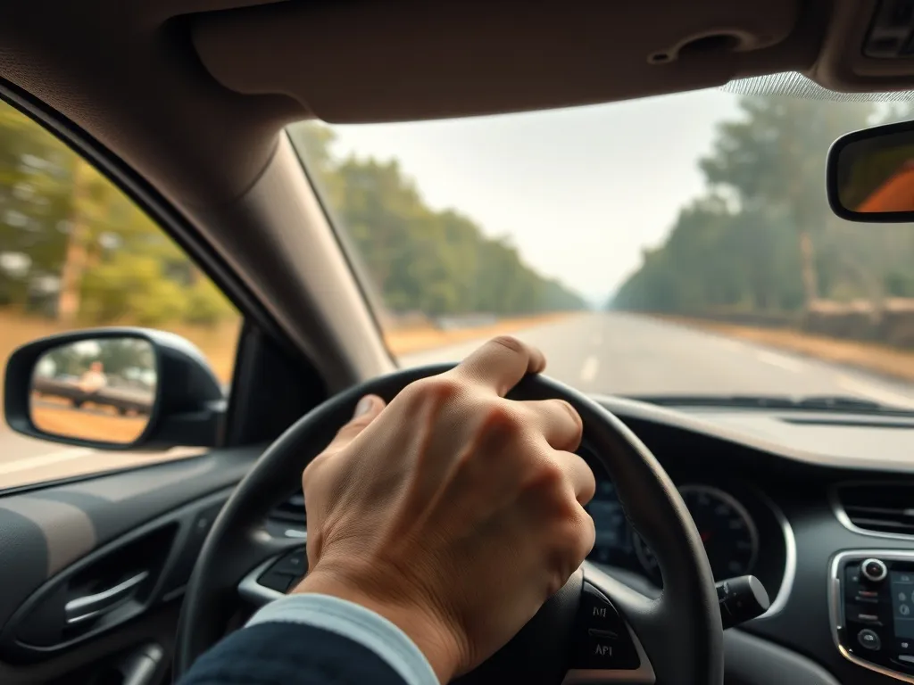 Kierownica drżąca przy lekkim hamowaniu z perspektywy kierowcy, nowoczesne wnętrze auta i pusta droga za szybą