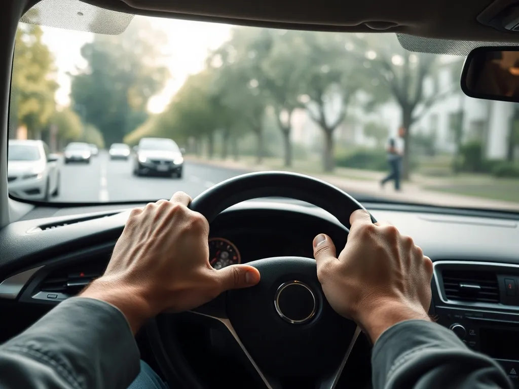 Ręce kierowcy prawidłowo ułożone na kierownicy, widok z miejsca kierowcy na spokojną ulicę miejską za szybą.