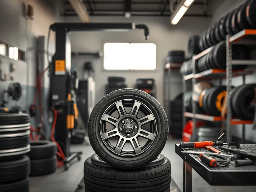 Nowoczesny warsztat wulkanizacyjny z montażownicą i kołem, uporządkowane narzędzia podkreślają podstawowe wyposażenie.