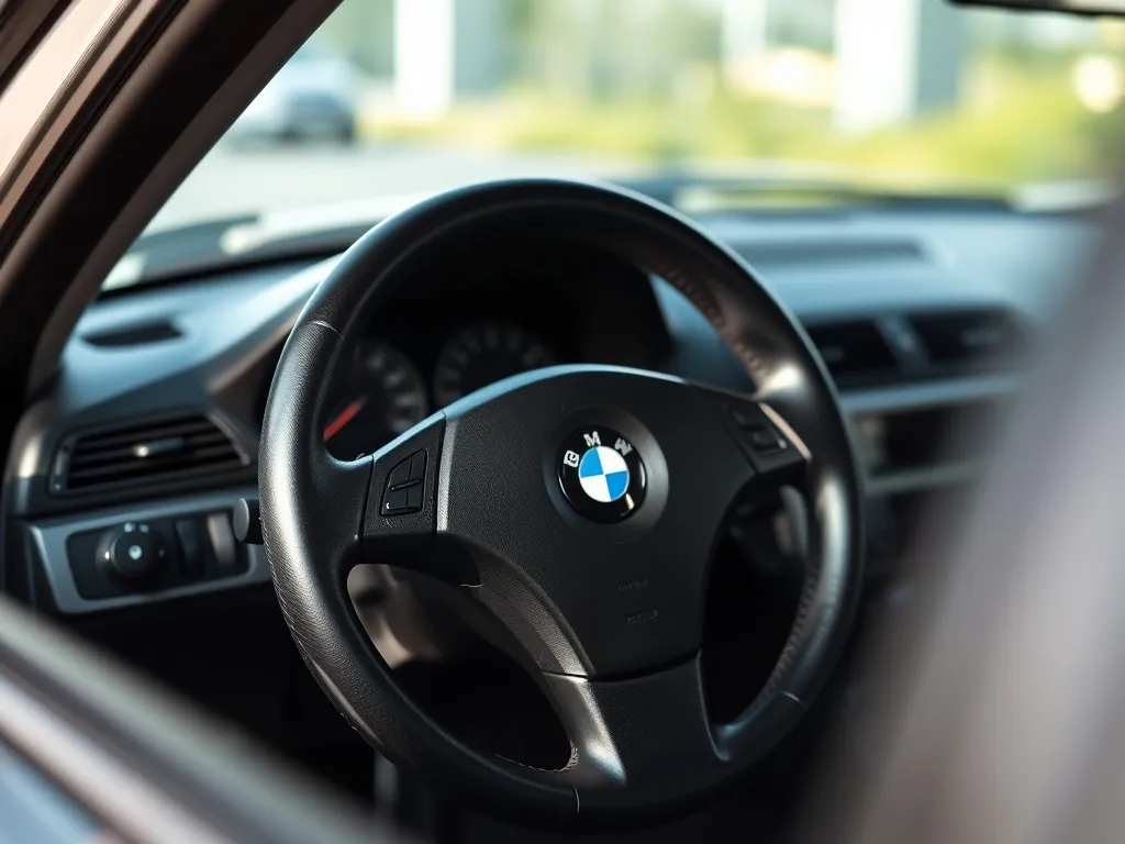 Kierownica BMW E46 po świeżym obszyciu czarną skórą, z wyeksponowanymi przeszyciami i fakturą materiału