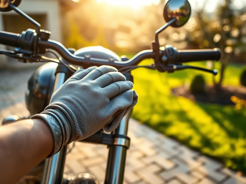 Ręka w rękawiczce czyści lśniący motocykl mikrofibrą na tle wiosennego ogrodu, podkreślając wiosenny serwis maszyny.