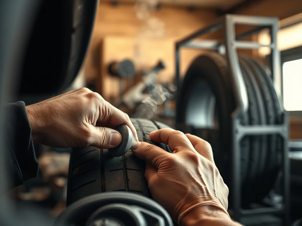 Mechanik przykłada gorące narzędzie wulkanizacyjne do opony, naprawiając bieżnik w warsztacie samochodowym.