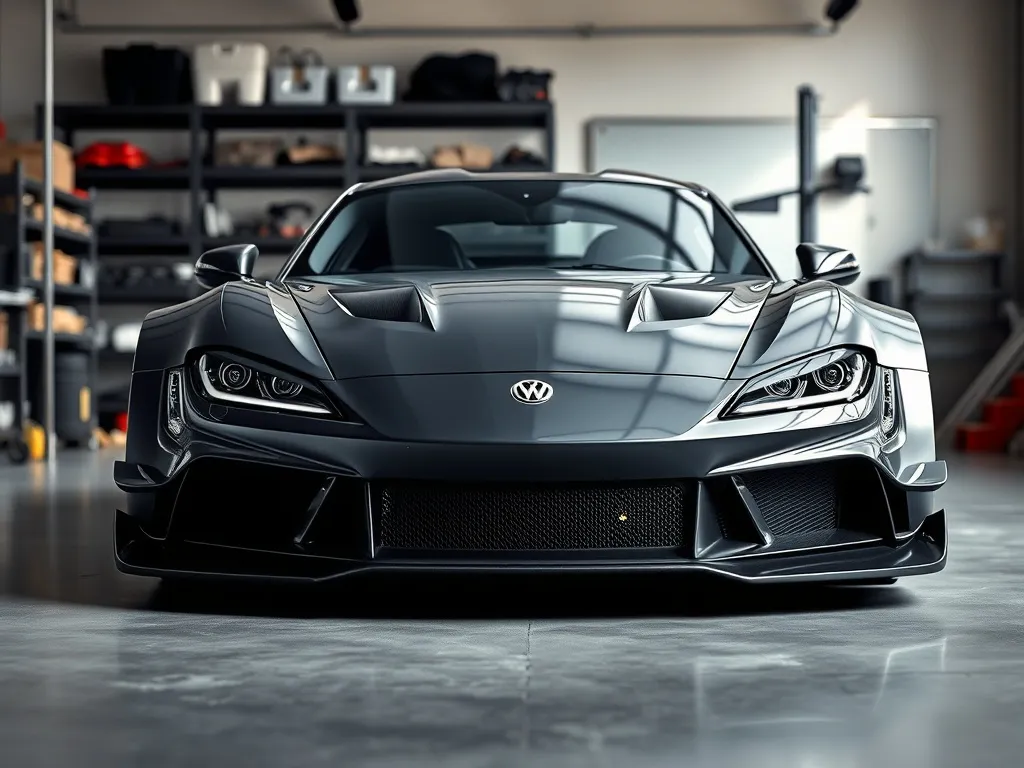 Mercedes 190 Evo 2 w szerokim body kicie w nowoczesnym garażu, podkreślone ospojlerowanie i sportowy charakter auta