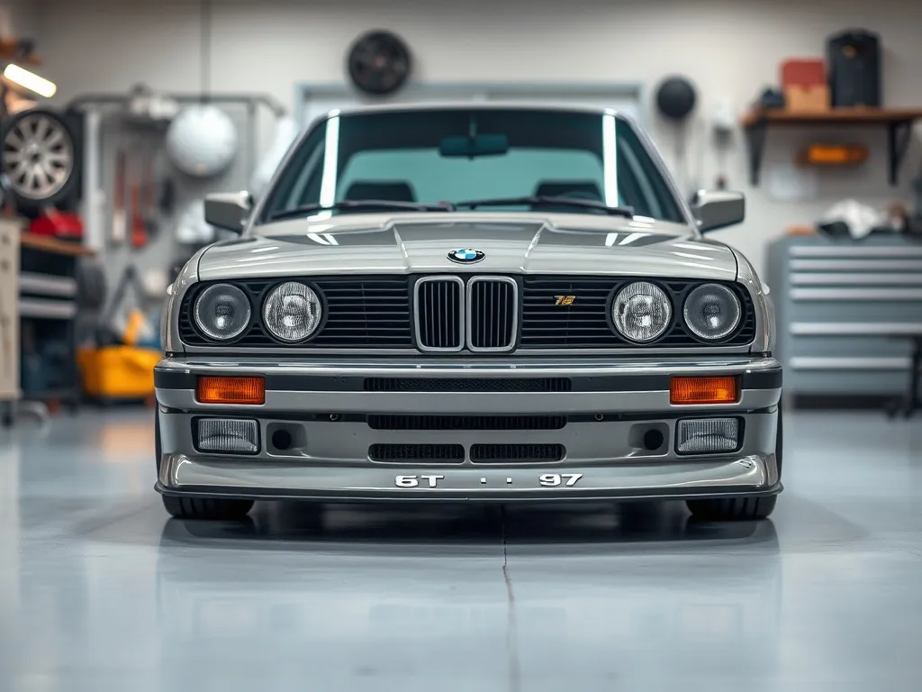 Klasyczne BMW E30 w garażu prezentuje sportowy body kit: zderzak, progi, poszerzenia nadkoli i obniżone zawieszenie.