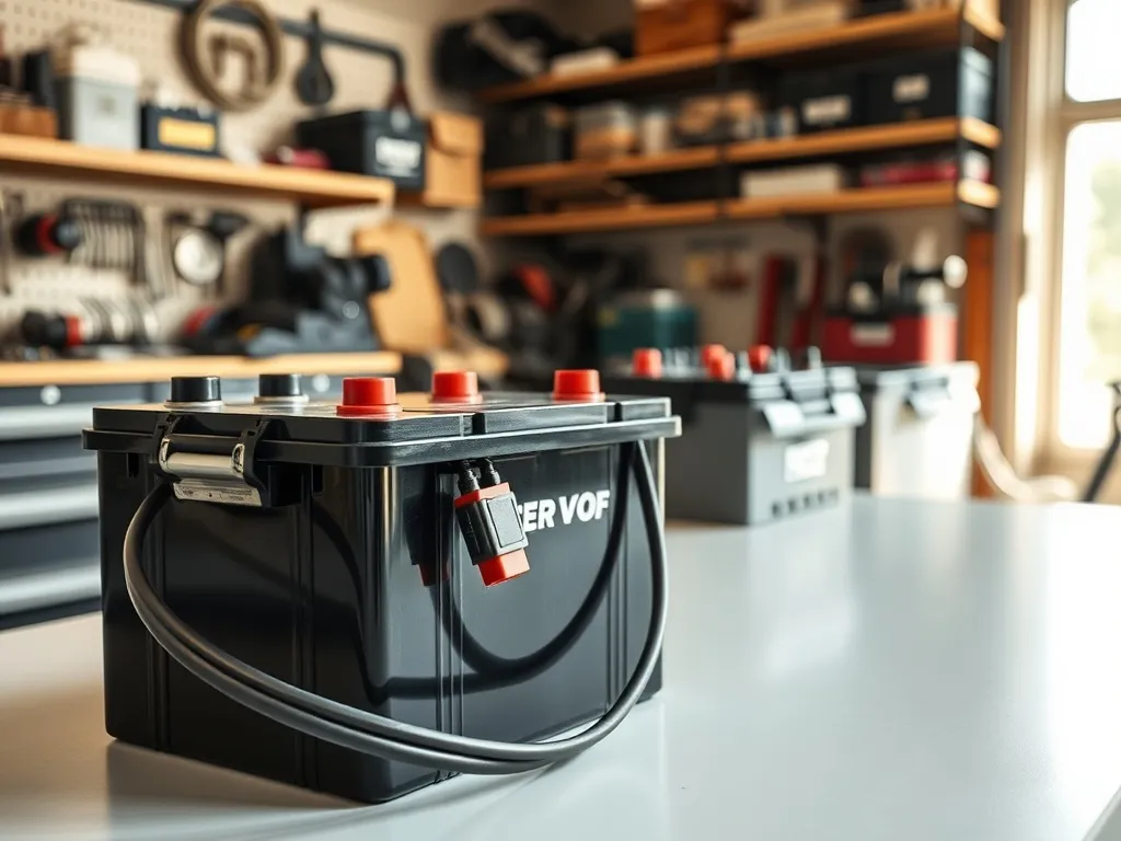 Akumulator głębokiego rozładowania na stole warsztatowym, z widocznymi zaciskami i kablami, w tle uporządkowane narzędzia.