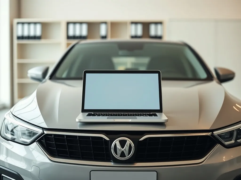 Samochód w biurze z laptopem na masce, symbolicznie przedstawiający sprawdzanie historii pojazdu po numerze VIN.