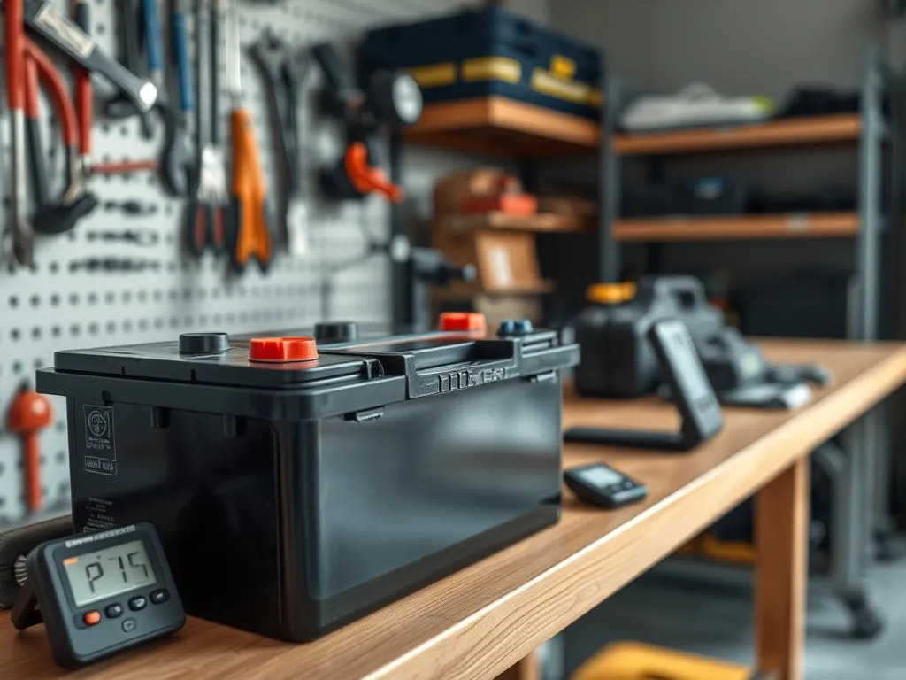 Czysty akumulator samochodowy z założonymi kapturkami na biegunach, przechowywany w uporządkowanym, chłodnym garażu.