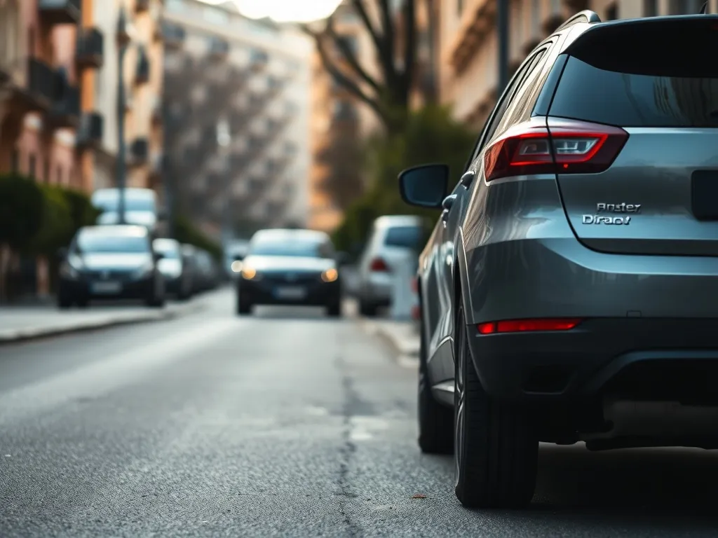 Nowoczesny diesel zaparkowany na wąskiej miejskiej ulicy, delikatny dym z wydechu w chłodny poranek