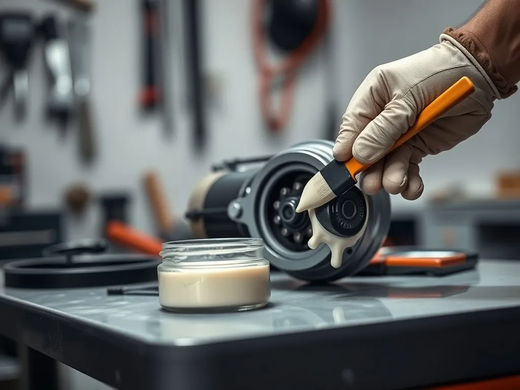 Mechanik w rękawiczce nakłada pędzelkiem smar na zębatkę rozrusznika samochodowego na czystym stole roboczym