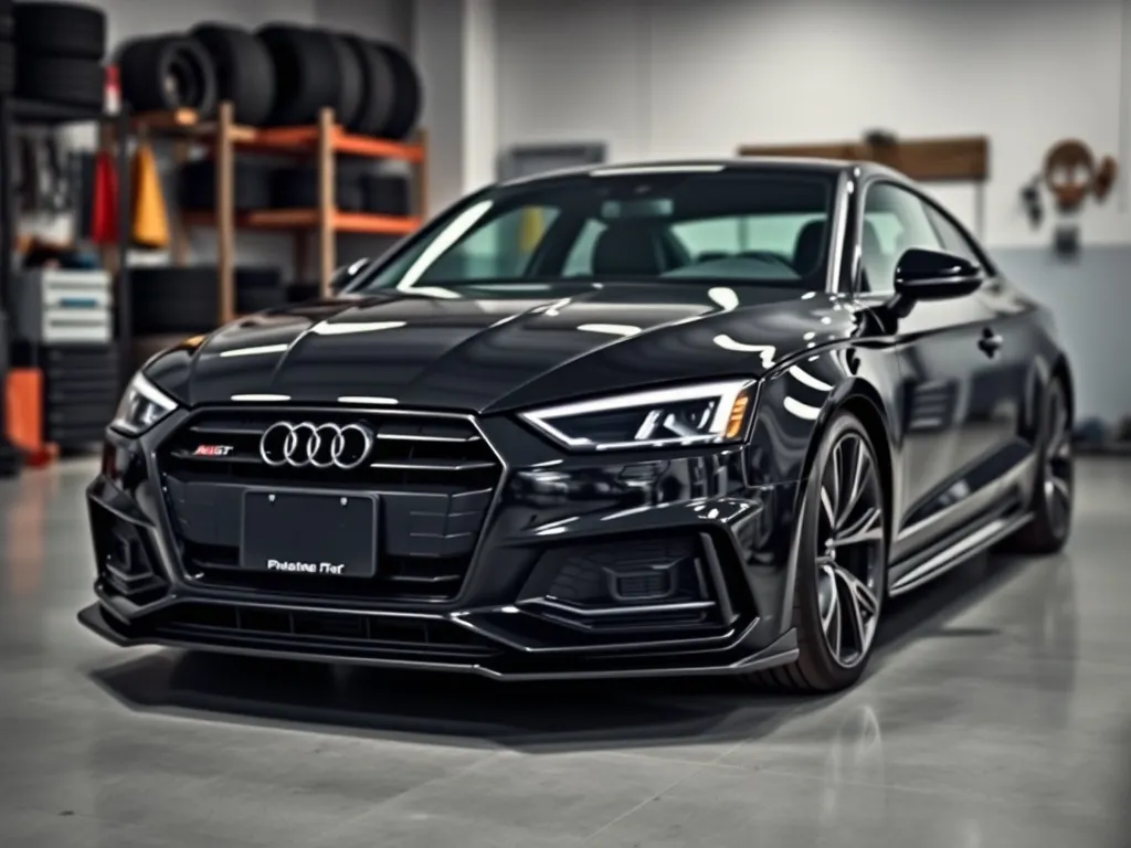 Czarny Audi A5 z nowym, sportowym body kitem w nowoczesnym garażu, podkreślone zderzak, progi i większe felgi.