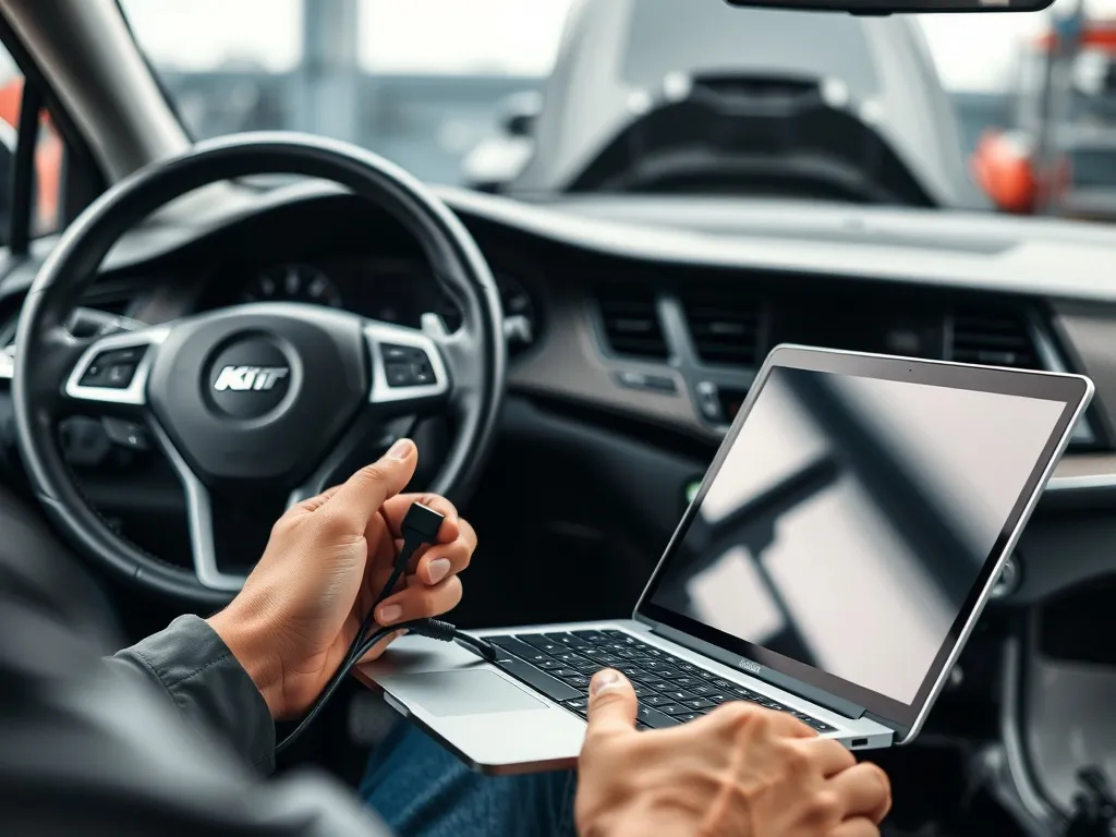 Mechanik wykonujący chip tuning – laptop podłączony kablem diagnostycznym do auta w warsztacie z otwartą maską