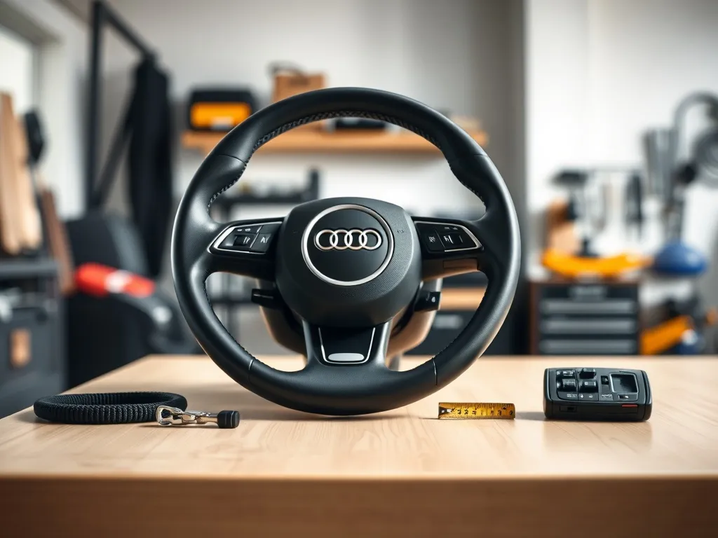 Kierownica Audi A3 8P na stole obok miarki i przycisków, pokazująca wymiary i elementy do ewentualnej zamiany.