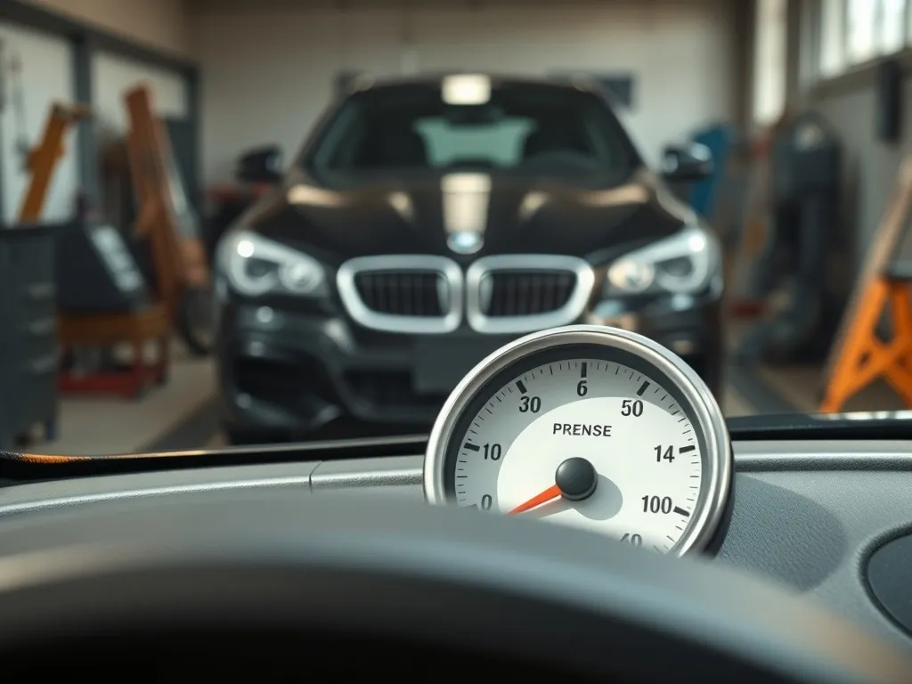 Nowoczesny manometr na desce rozdzielczej pokazuje niską, stabilną różnicę ciśnień DPF w warsztacie samochodowym.