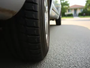 Dłoń kierowcy pompuje oponę auta na stacji, końcówka węża podłączona do wentyla, w tle kompresor do powietrza.