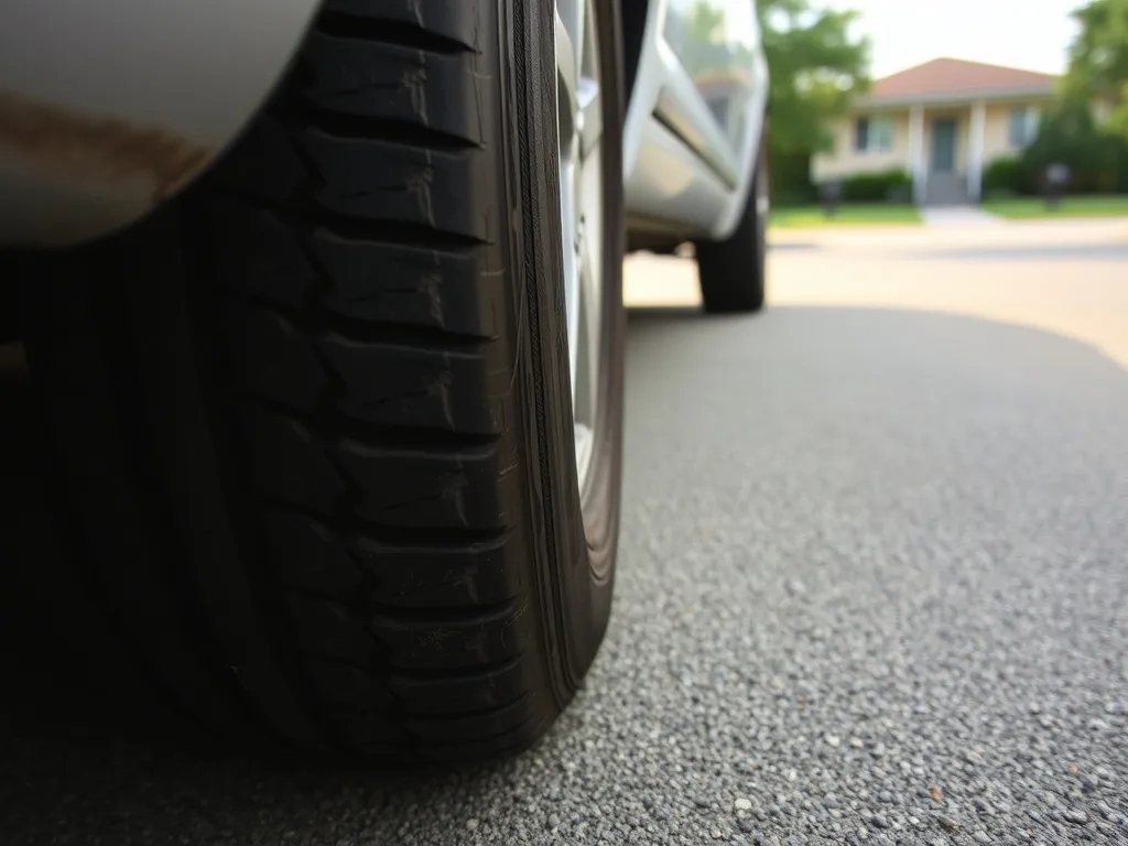 Zużyta opona z wyząbkowanym bieżnikiem na zaparkowanym aucie, pokazująca nierównomierne zużycie na gładkim asfalcie.