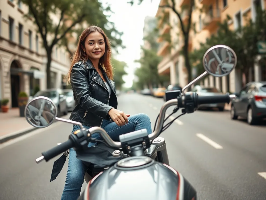Dziewczyna w miejskim otoczeniu siedzi pewnie na lekkim motocyklu, podkreślając jego kompaktowe rozmiary i prostą obsługę.