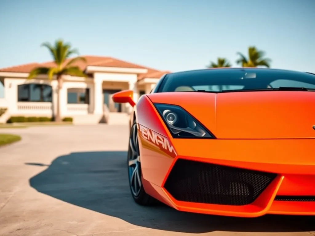 Pomarańczowe Lamborghini Gallardo na podjeździe nowoczesnego domu, podkreślające luksus i prestiżowy charakter auta.