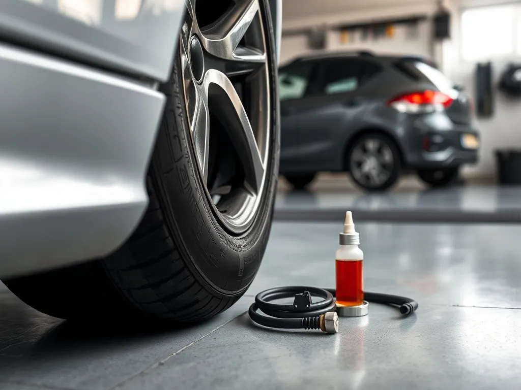 Naprawiona opona samochodowa leżąca w garażu obok małego zestawu naprawczego z uszczelniaczem i wężykiem