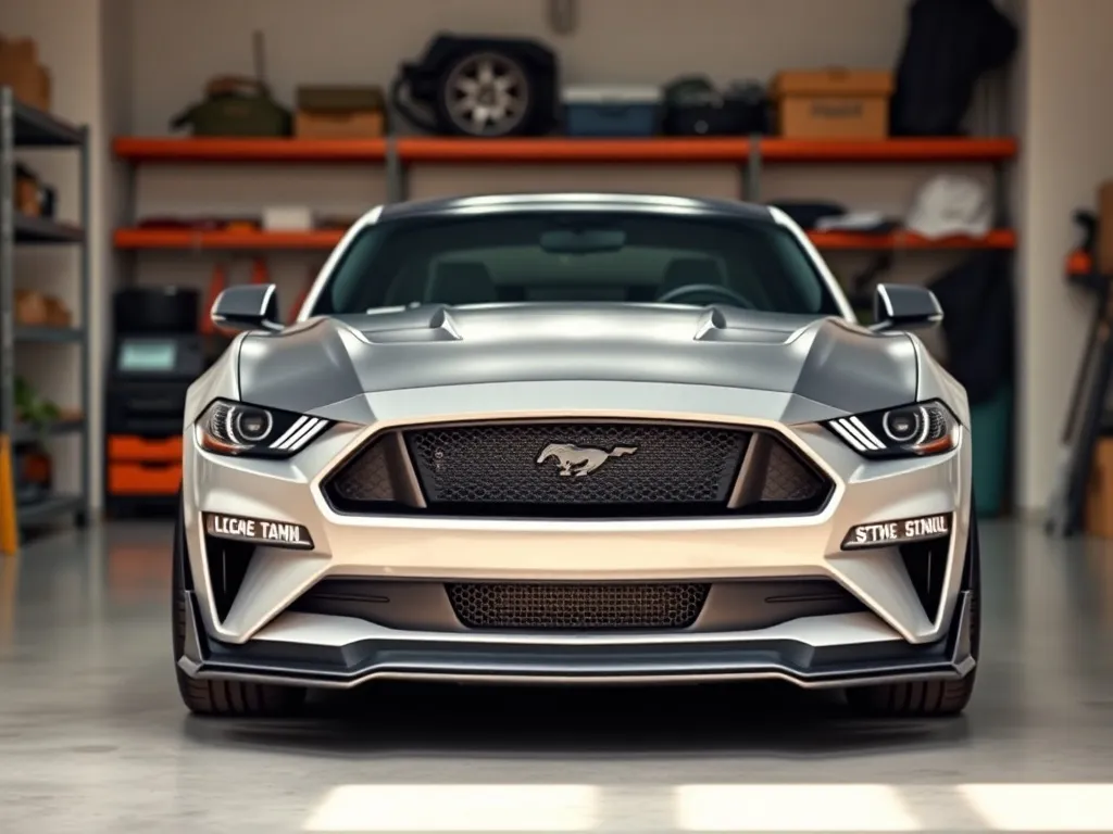 Ford Mustang z eleganckim body kitem w dobrze oświetlonym garażu, podkreślone zderzak, progi i felgi.