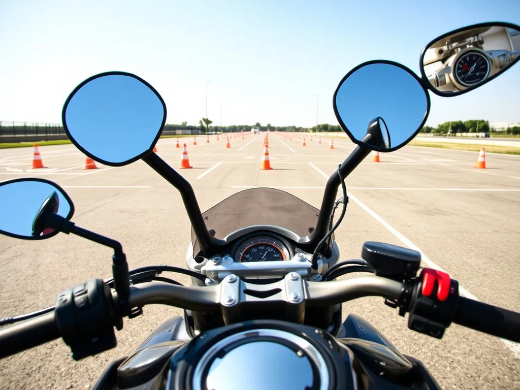 Motocykl na pustym placu manewrowym z pachołkami, widok z perspektywy zdającego egzamin na prawo jazdy.