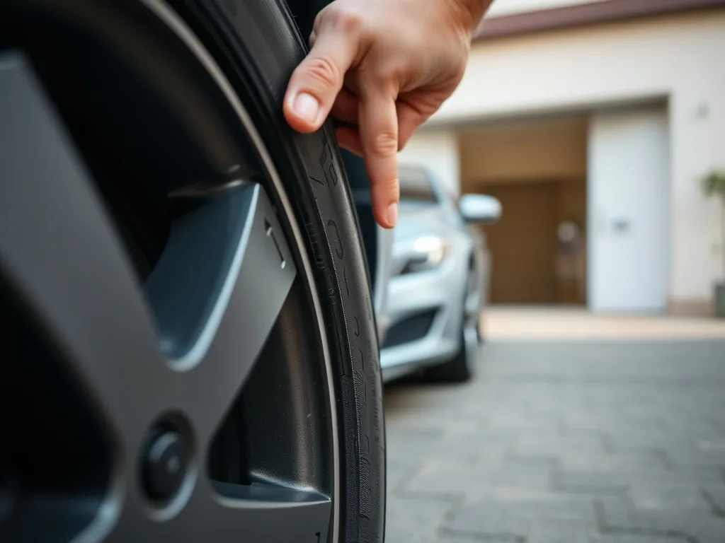 Dłoń wskazuje strzałki i bieżnik na boku opony, ilustrując sposób rozpoznania prawej i lewej opony w aucie