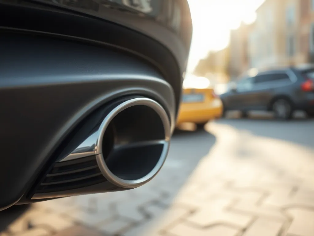 Nowoczesny wydech auta benzynowego na parkingu miejskim, ilustracja tematu filtrów DPF w silnikach benzynowych