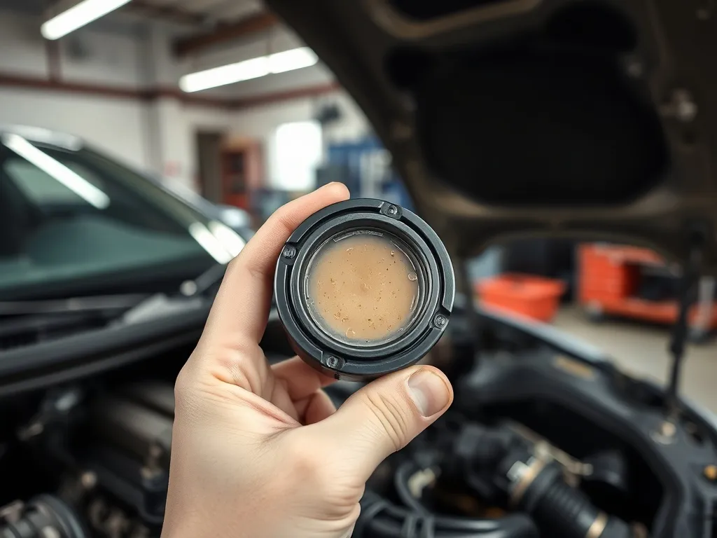 Mechanik trzyma korek oleju z jasnobrązowym szlamem, zbliżenie na silnik samochodu w otwartej komorze silnika