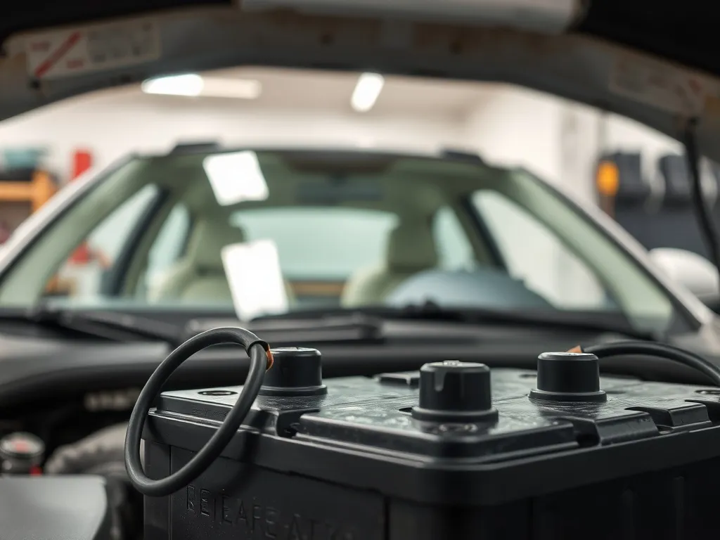 Zbliżenie na akumulator samochodowy z odłączonym przewodem, pokazujące prawidłowe i bezpieczne odpięcie baterii.