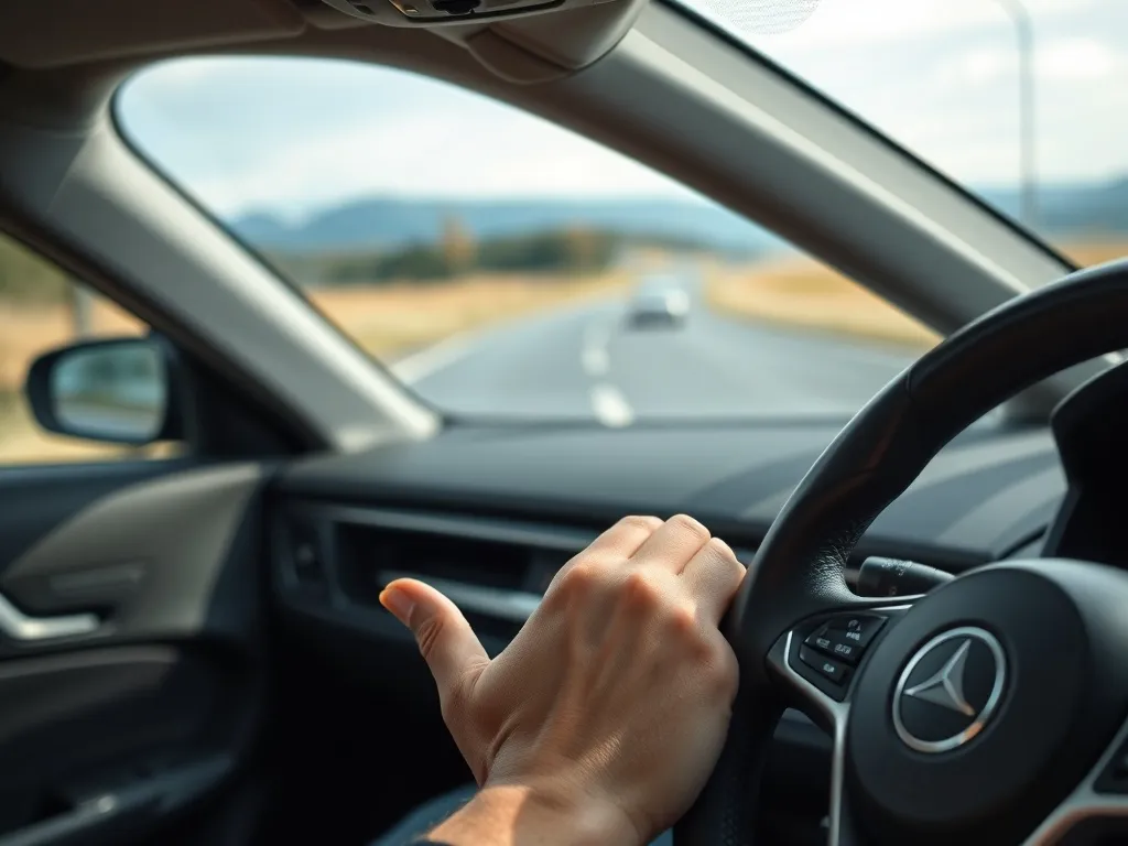 Wnętrze auta z manualną skrzynią, włączony tempomat i spokojna jazda stałą prędkością po jasnej, prostej drodze.