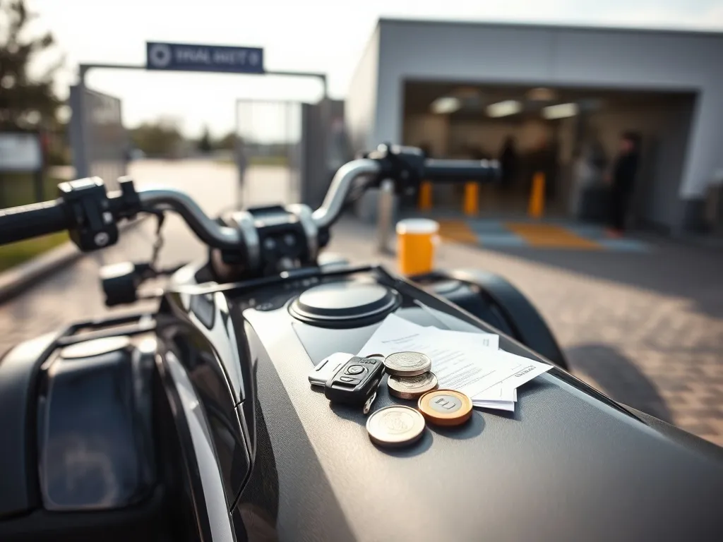 Błyszczący quad z dokumentami, kluczykami i monetami euro przed stacją kontroli pojazdów, symbolizujący koszty homologacji.