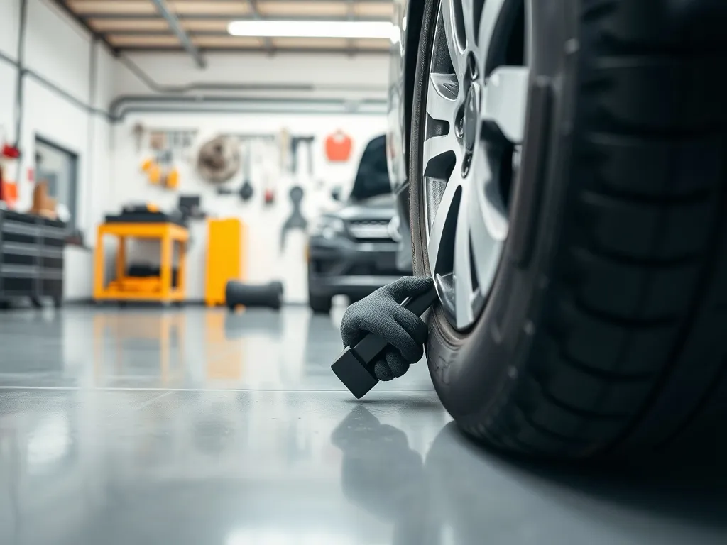 Mechanik w rękawicach naprawia bieżnik opony w jasnym, czystym warsztacie, ilustrując proces wulkanizacji krok po kroku.