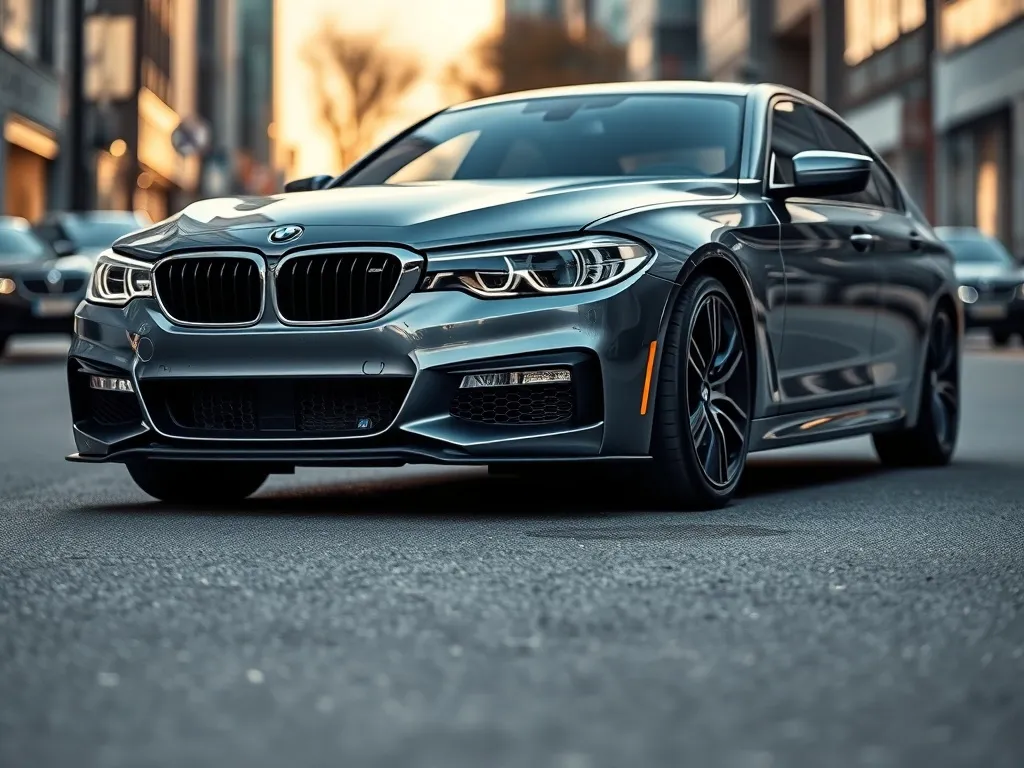 Szary sedan BMW F30 z subtelnym pakietem stylistycznym, podkreślającym zderzak, progi i mały spojler na tle miejskiej ulicy.