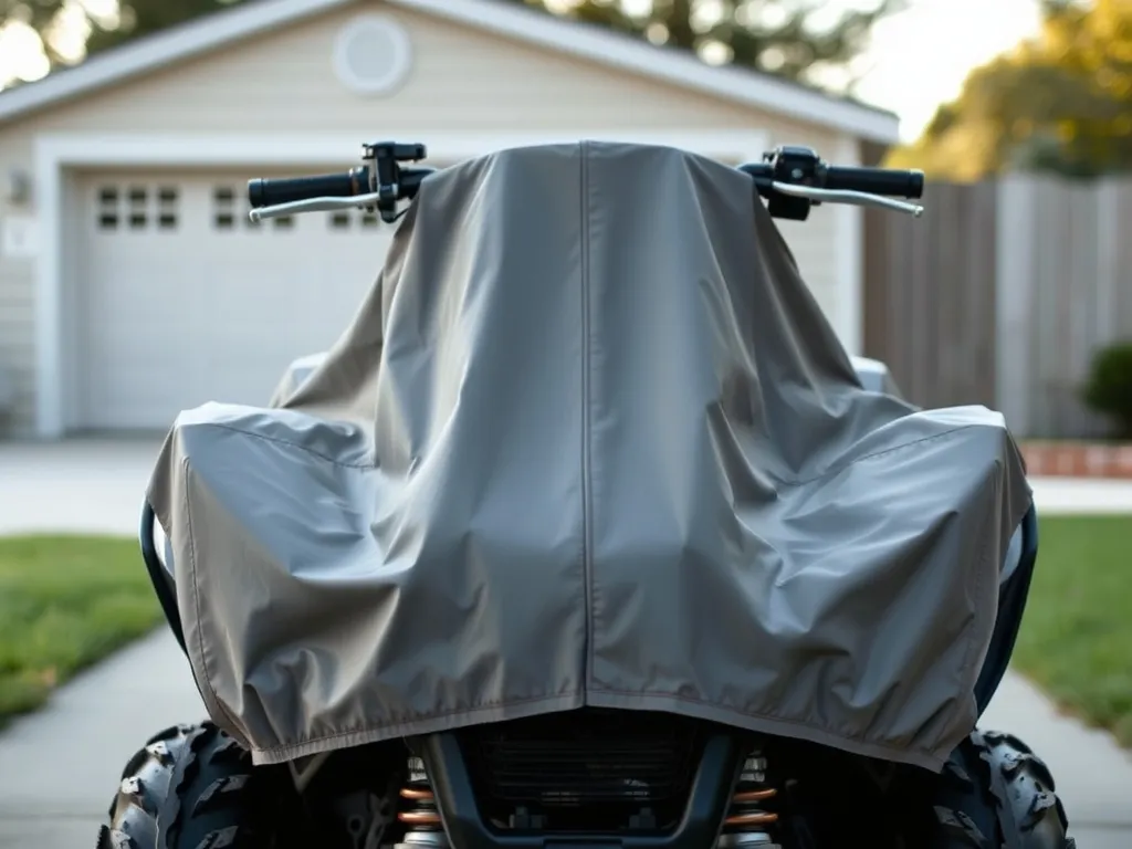 Quad na podjeździe przykryty dopasowanym pokrowcem, podkreślona struktura materiału i jego dokładne przyleganie.