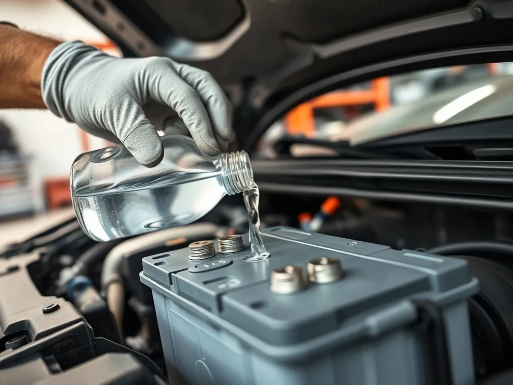 Mechanik w rękawicach wlewa wodę destylowaną do ogniwa akumulatora samochodowego, z widocznymi czystymi biegunami.