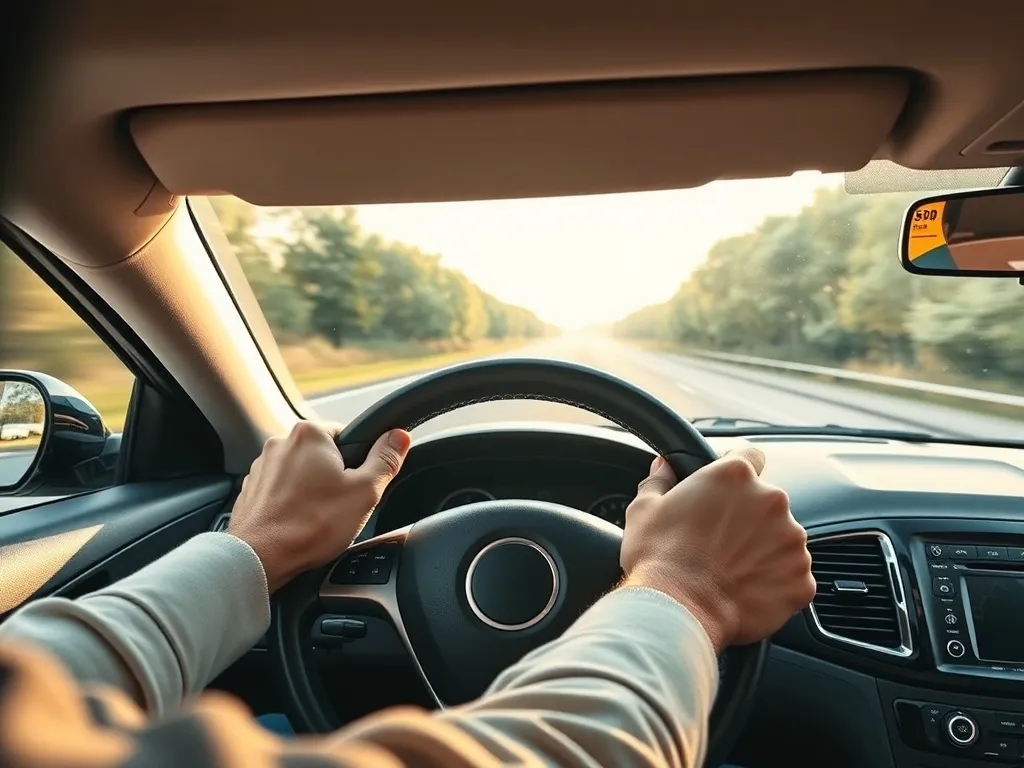 Kierowca pewnie trzyma kierownicę na jasnej autostradzie, skupiony na bezpiecznej jeździe i unikaniu zaśnięcia.