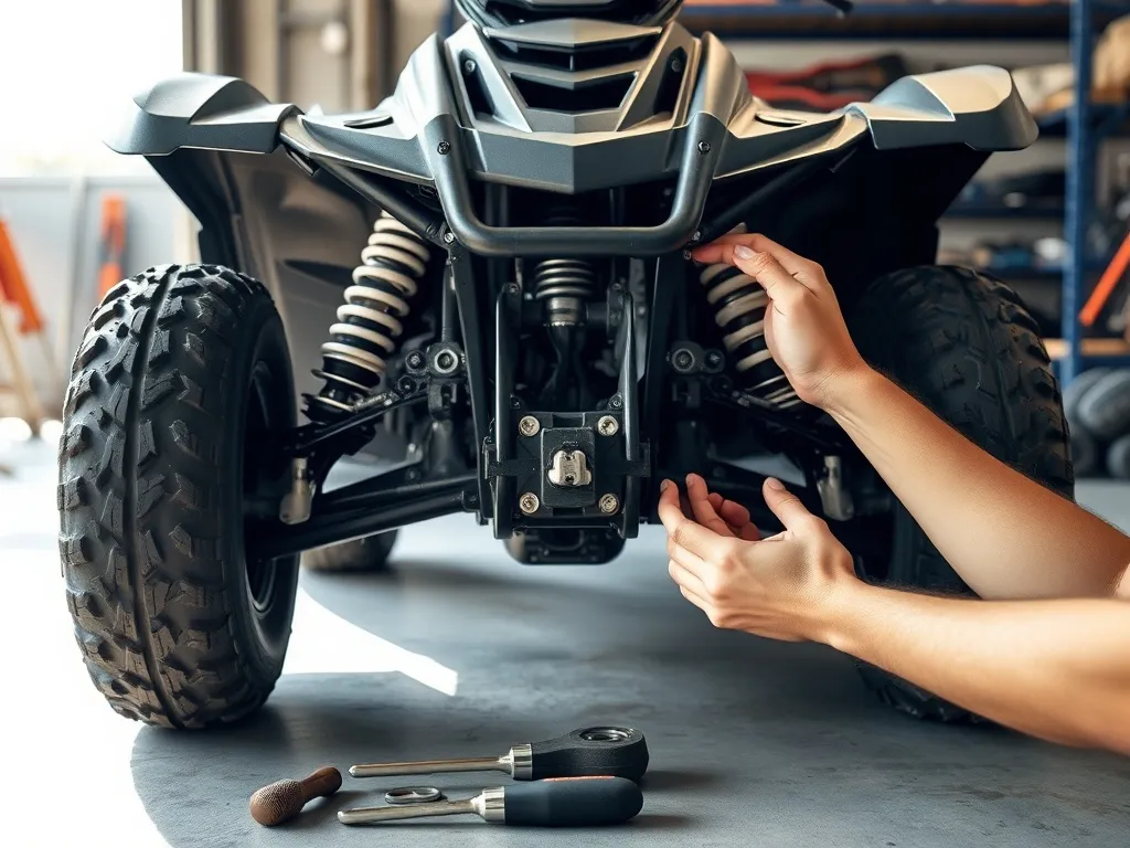 Mechanik ustawia zbieżność przednich kół quada w małym warsztacie, używając prostych narzędzi na podłodze.