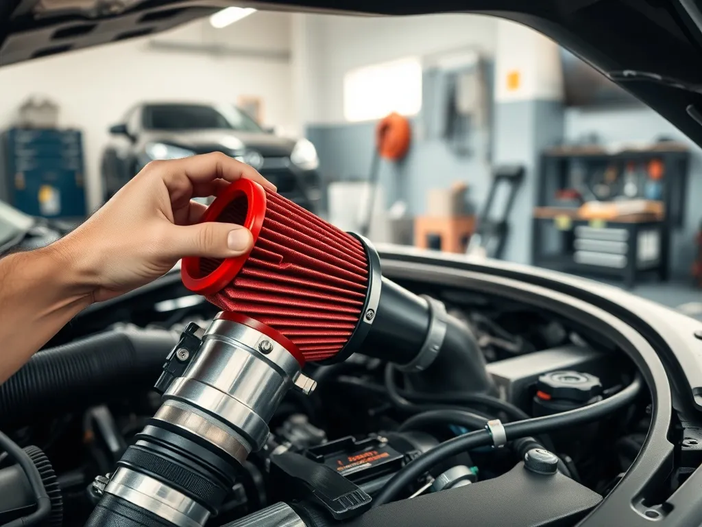 Montaż czerwonego filtra stożkowego na dolocie silnika w garażu, widoczne dłonie dokręcające obejmy i elementy osprzętu