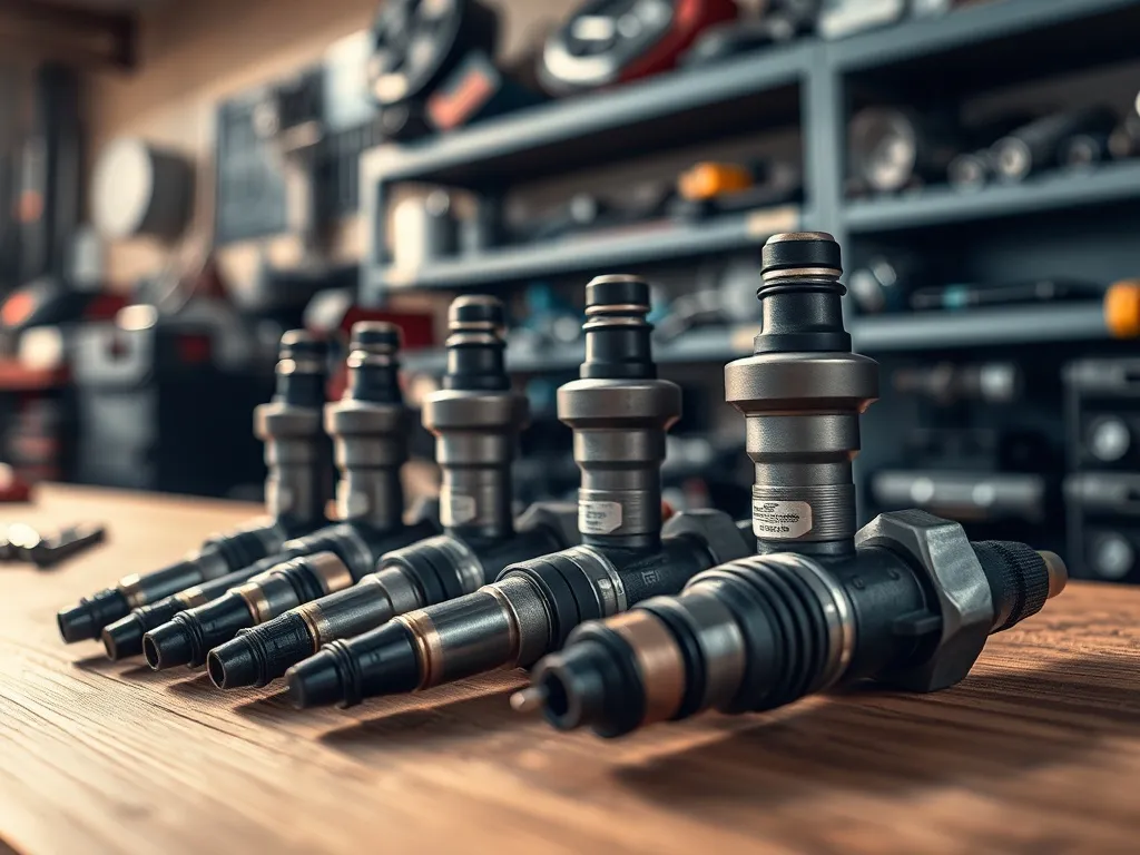 Różne typy wtryskiwaczy paliwa ułożone na stole w profesjonalnym warsztacie, z wyeksponowanymi detalami budowy